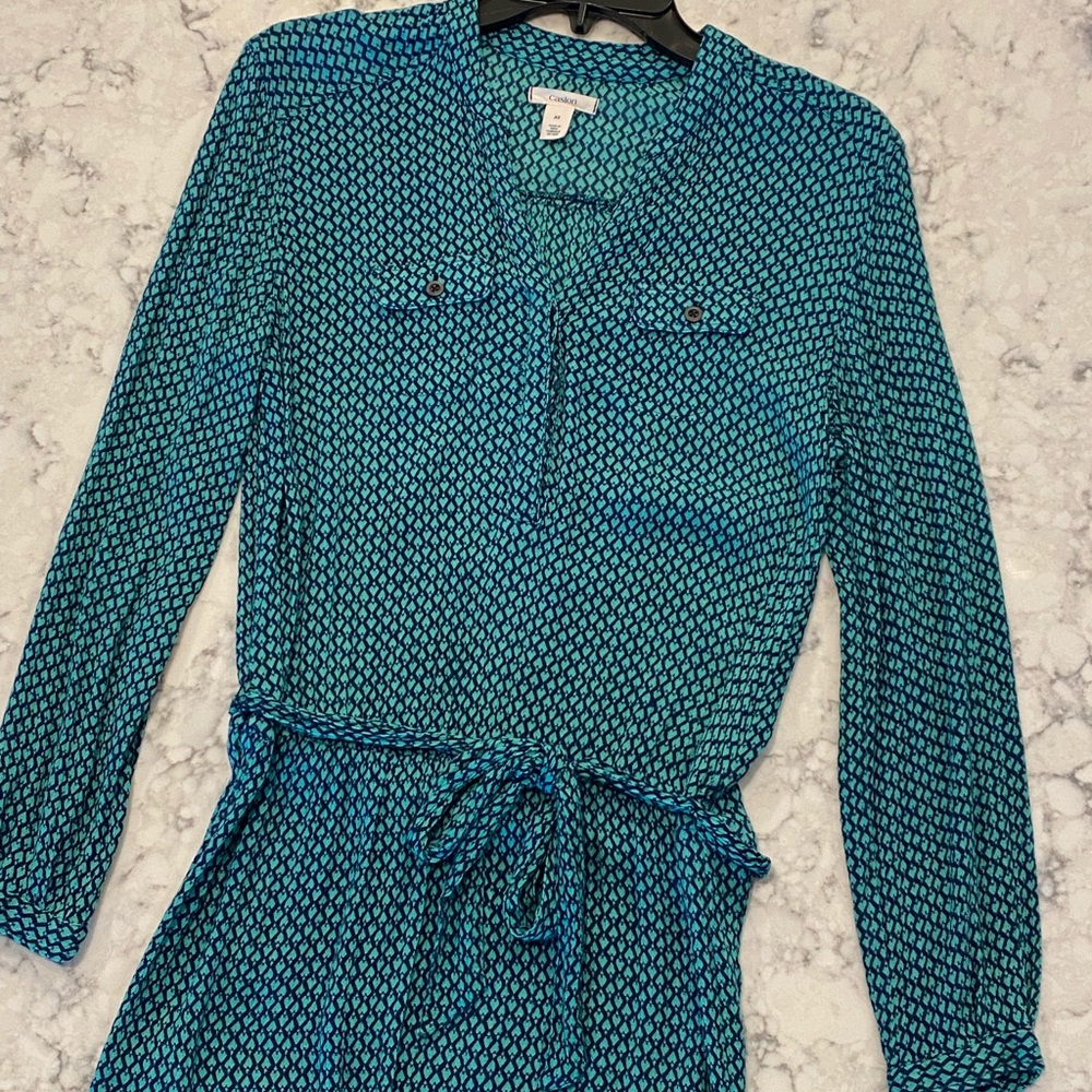 Caslon Blue Green Button Front Dress with Hi Low Hemline XS